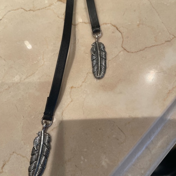 King Baby Studio leather bolo.  Sterling silver feathers and turquoise. - Picture 4 of 8